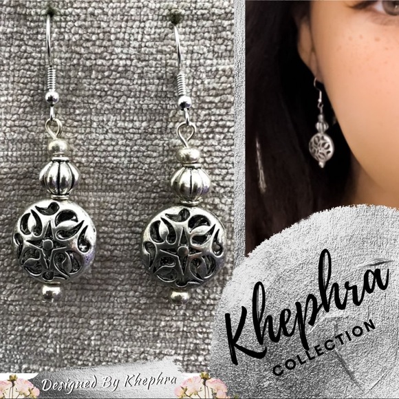 Khephra Antique Silver Filigree Disc Earrings - Picture 9 of 10